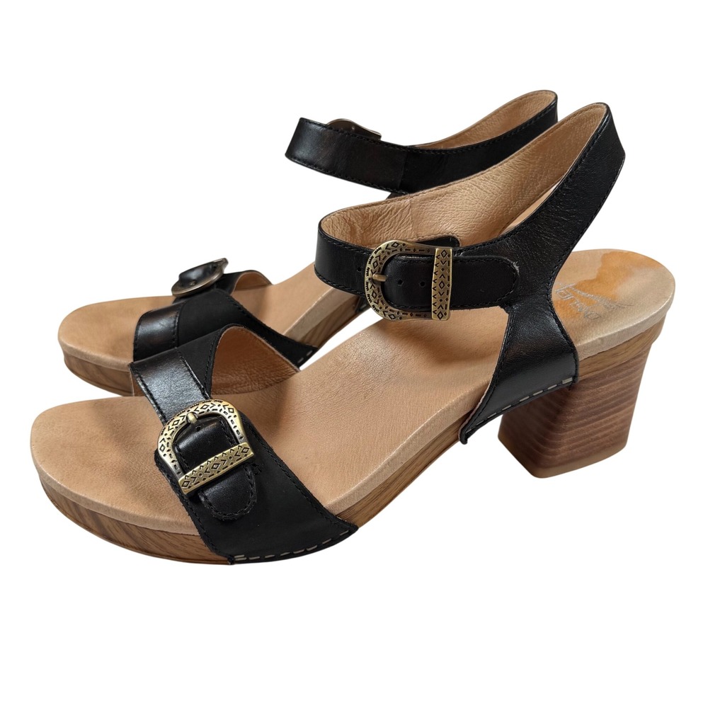 Dansko Anna Black Leather Buckled Heeled Sandals Wood Grain Clog Platform 41